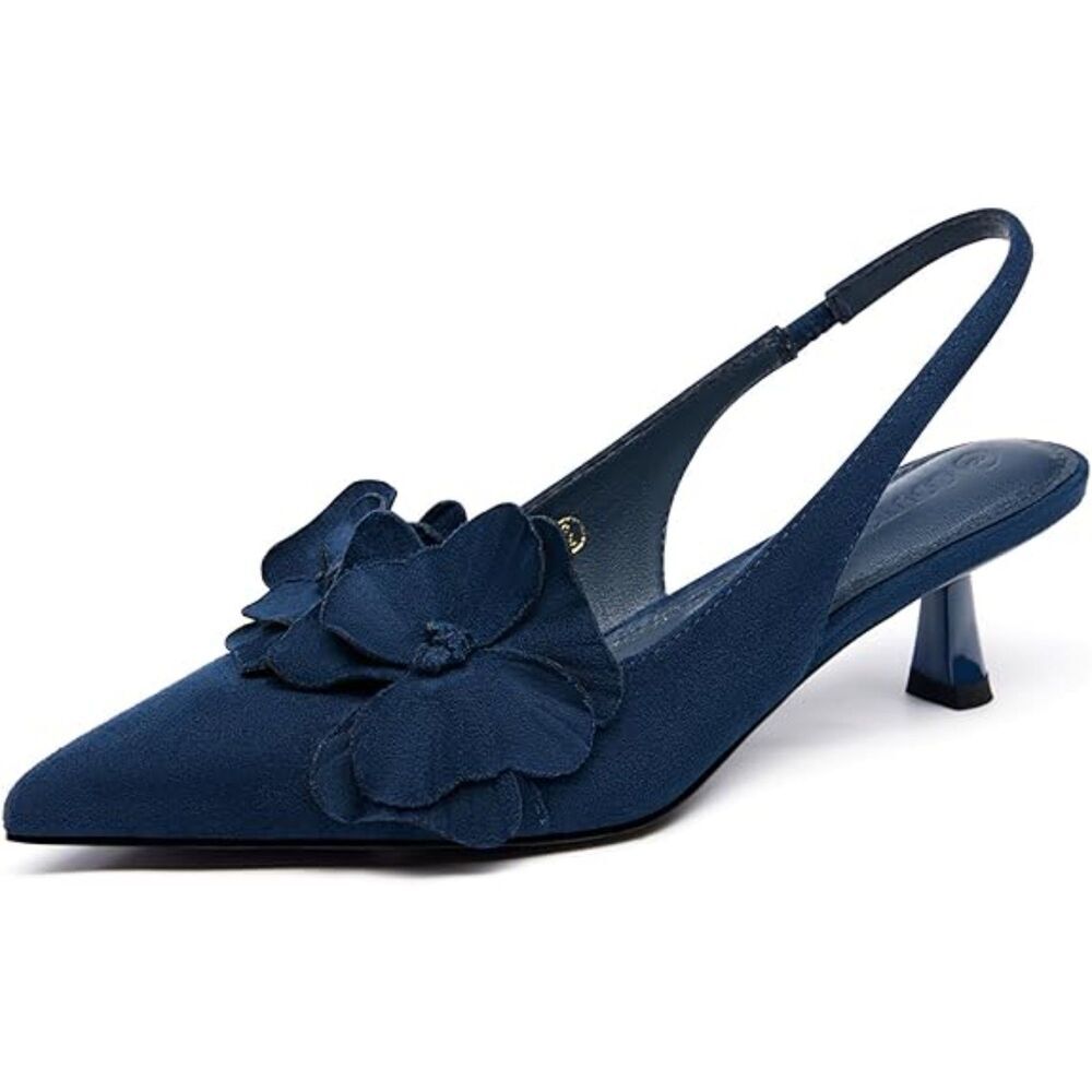 Womens Blue Flower Closed Pointed Toe Slingback Kitten Heel Wedding Pumps Shoes